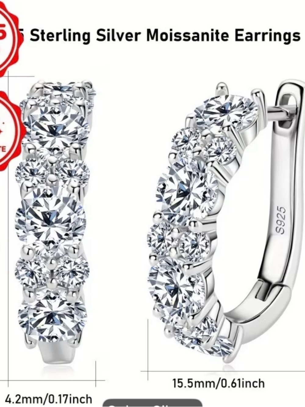925 Sterling Silver Moissanite Hoop Earrings in Silver